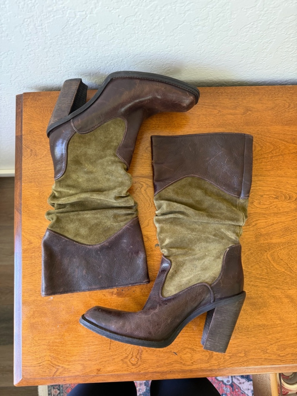 Antonio Melani Cadee Square toe leather and suede boots in green and brown